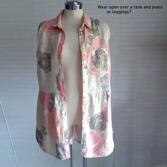 Joan Vass Sleeveless Linen Tunic - Coral and Charcoal - Picture 8 of 16